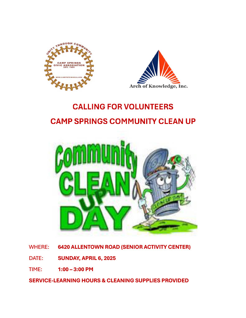 Promotional flyer for Camp Springs Community Clean Up, detailing event date, time, and location, featuring a cartoon trash can character.